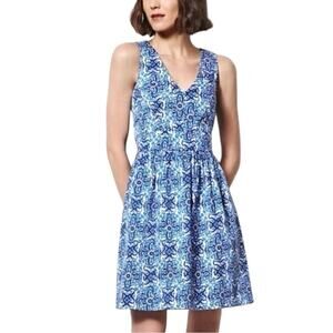 Milly Fit Flare Dress V-neck Pockets Sleeveless White Blue Print Women’s Size 10